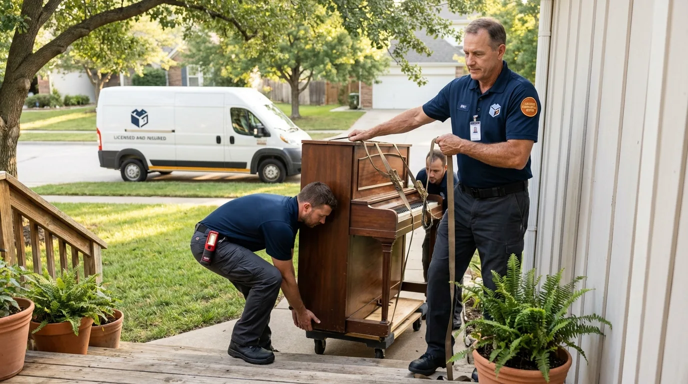 Licensed piano movers securing grand piano in Warrenville, SC