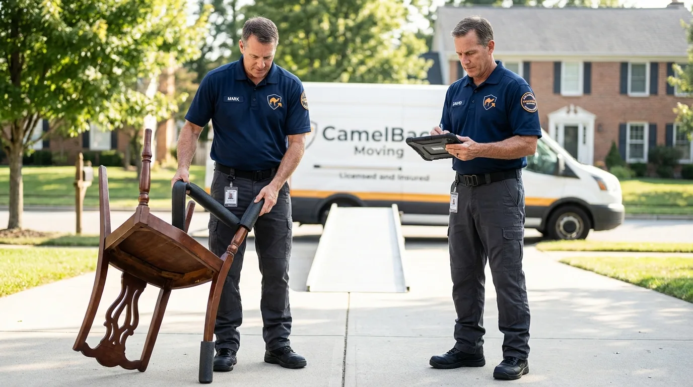 Movers inspecting furniture for damage prevention before loading in Warrenville, SC