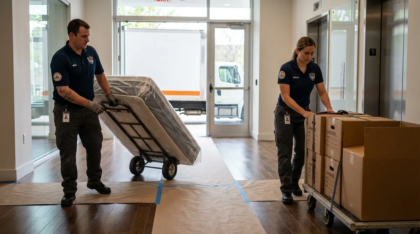 Professional apartment movers loading elevator in Warrenville, SC