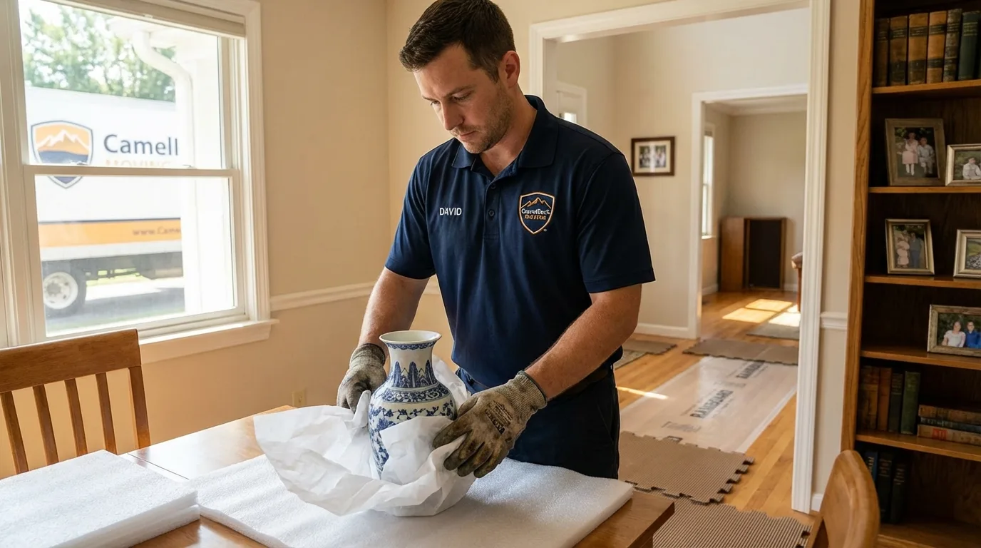 Professional crew carefully wrapping antique vase for senior downsizing move in Warrenville, SC